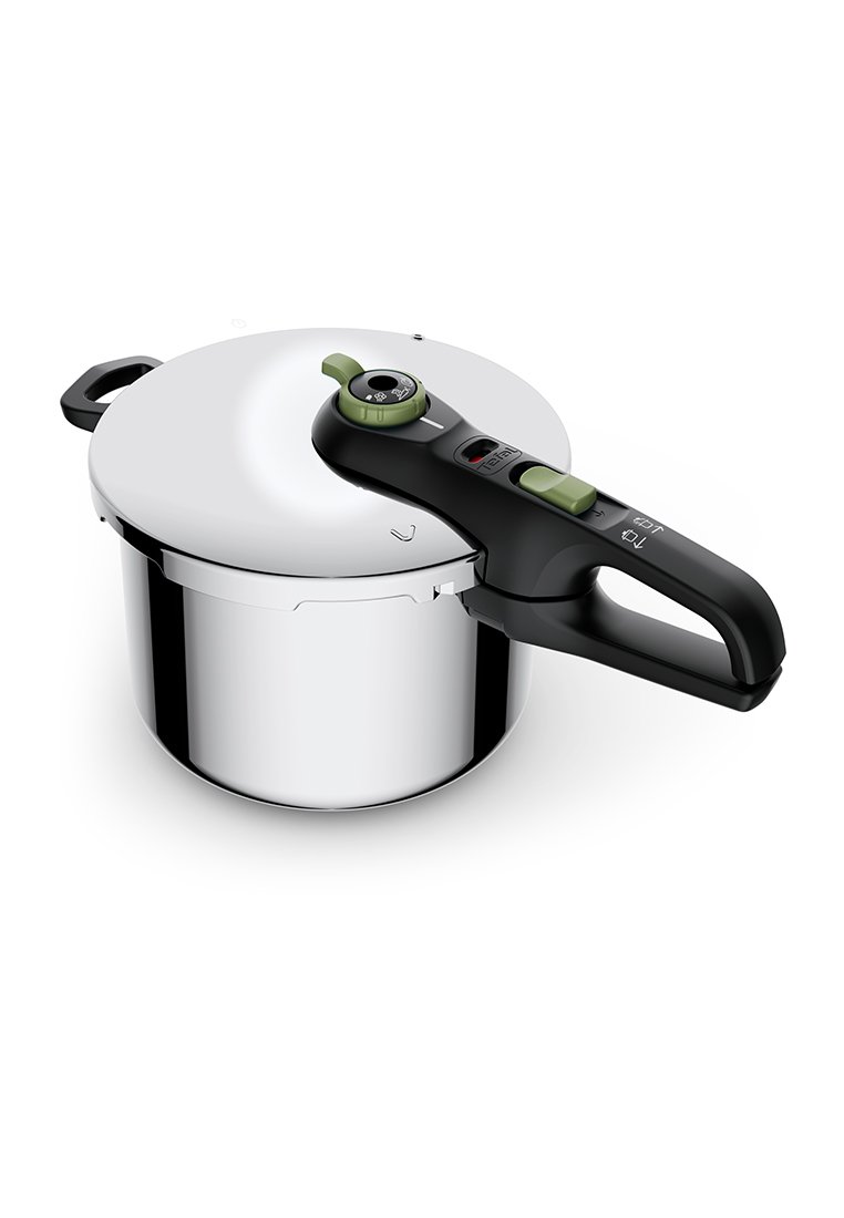 Cuisinière à pression en acier inoxydable avec une finition brillante, un manche noir et des accents verts. Comprend un cadran de contrôle de pression et des indicateurs de sécurité.