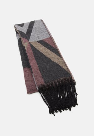 Écharpe en laine pliée avec motif géométrique aux tons noir, gris, beige et violet, avec des extrémités à franges noires sur fond blanc.