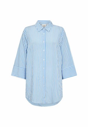 Modrá a biela pruhovaná košeľa na gombíky s golierom, trojštvrťovými rukávmi a zaobleným lemom. Vyrobená z ľahkej látky s hladkým povrchom.