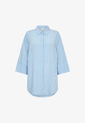 Modrá a biela pruhovaná košeľa na gombíky s golierom, trojštvrťovými rukávmi a zaobleným lemom. Vyrobená z ľahkej látky s hladkým povrchom.