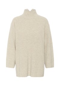 Maglione a collo alto di un beige chiaro con una trama a nido d'ape, vestibilità ampia e maniche a tre quarti, realizzato in un morbido tessuto lavorato a maglia.