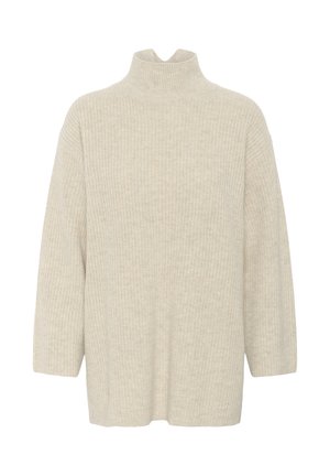 Svijetlosmeđi turtleneck pulover s vamastim strukturama, širokog kroja, s rukavima do tri četvrtine, izrađen od mekane pletene tkanine.
