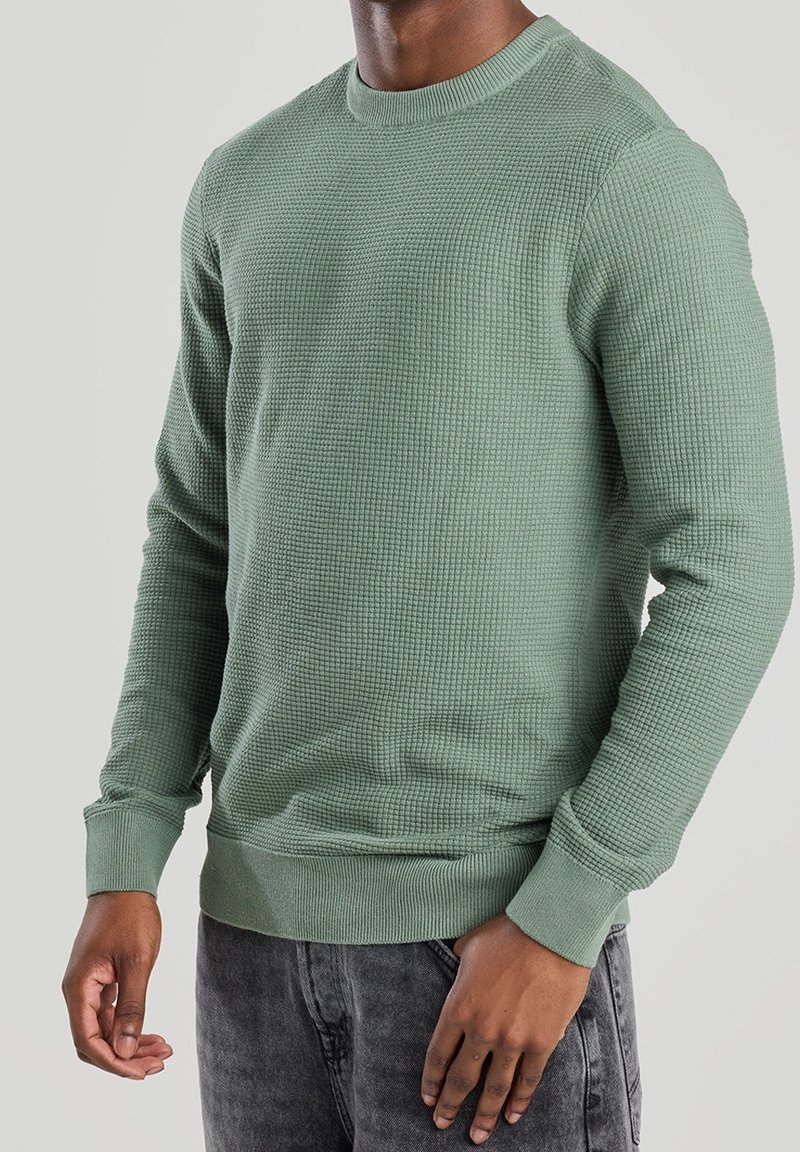 Grön texturerad sweatshirts med rund halsringning, långa ärmar och ribbade cuffs, i en åtsittande design. Avslappnad och mångsidig.