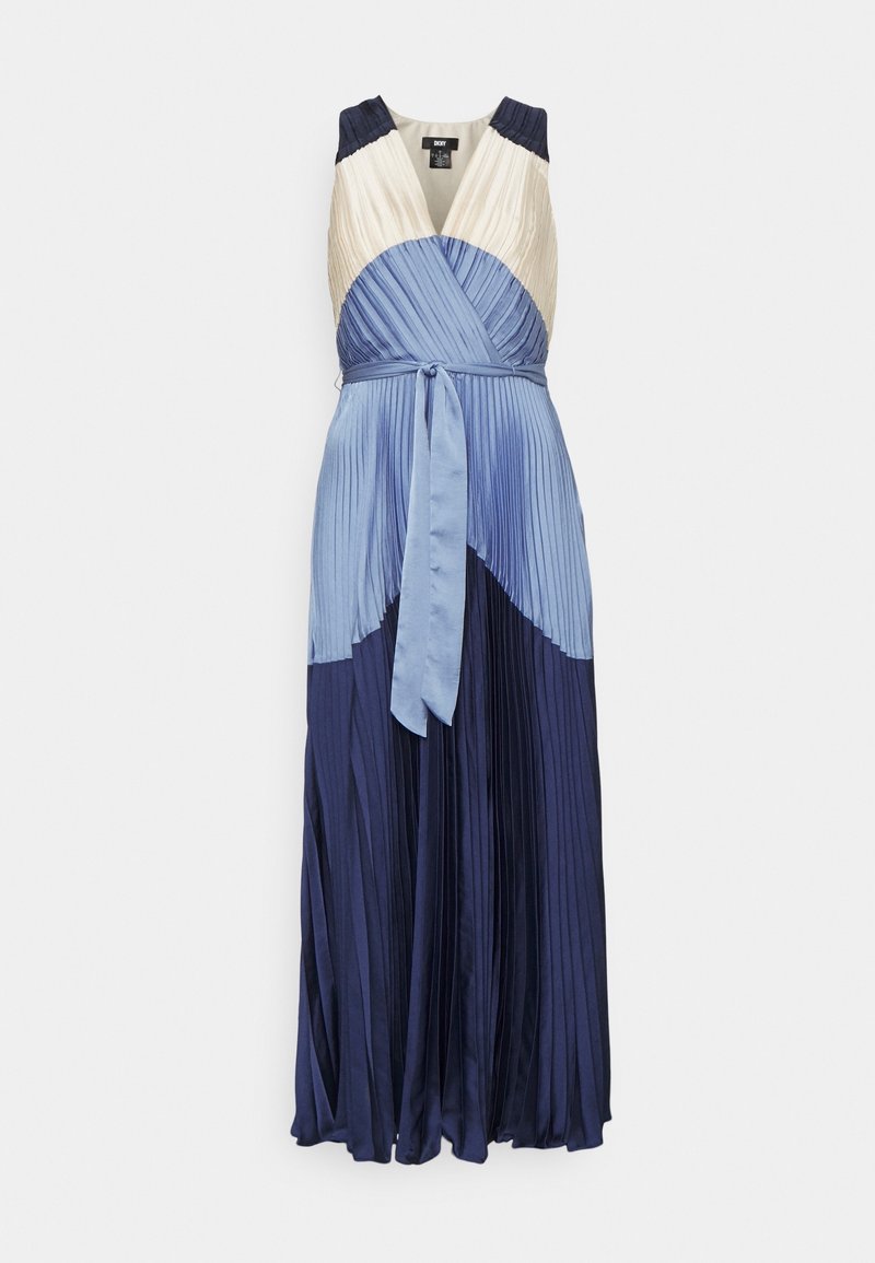 Robe maxi sans manches plissée avec décolleté en V, en coloris crème, bleu clair et marine, dotée d'une ceinture à nouer à la taille.