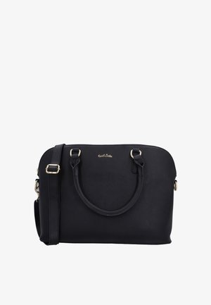 Sac à main en cuir noir avec deux poignées, une bandoulière réglable et des ferrures dorées, présenté sur un fond blanc.