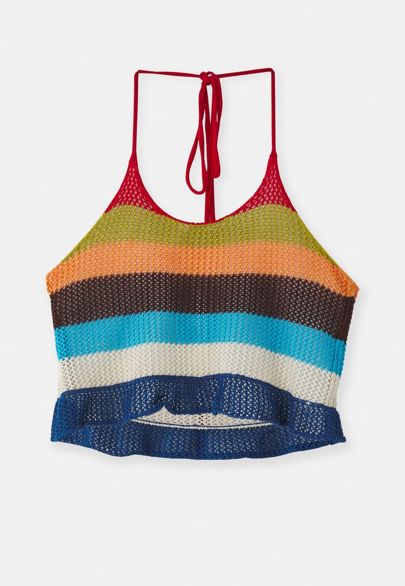 Multicolored crochet crop top with red straps, featuring horizontal stripes in orange, green, brown, blue, and white. Ruffled hem detail.