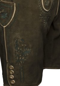 Brown suede shorts featuring intricate blue embroidery, decorative pockets, and five button accents on the side. Soft texture and tailored fit.