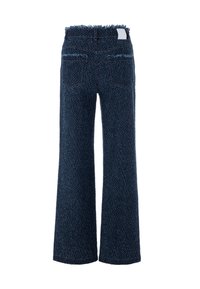 Blaue Jeans mit weitem Bein aus strukturiertem Stoff, mit ausgefransten Details am Bund und Saum sowie zwei Gesäßtaschen.