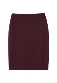 Bordová ceruzková sukňa so priliehavým strihom. Vyrobená z hladkej tkaniny, s bočným gombíkom a čistým, elegantným dizajnom.