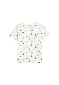 Witte katoenen T-shirt met een marineblauw zeilboot- en vuurtorenprint. Korte mouwen, ronde hals en een kleine knoopaccent op de borstzak.