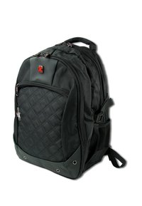 Zwarte rugzak met een gewatteerd patroon, meerdere vakken, ritsen en een rubberen onderkant. Bevat gaas zijvakken en een logo patch.