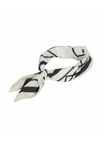 Foulard en soie présentant une base blanche avec des motifs géométriques noirs. Détail noué à une extrémité ; texture lisse, léger et de forme rectangulaire.