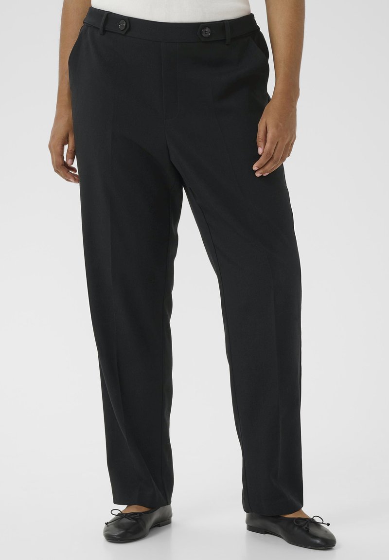 Pantalons larges noirs en tissu lisse, dotés de deux boutons à l'avant, de poches latérales et d'une coupe droite et ajustée.