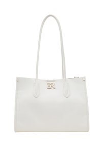Borsa tote bianca realizzata in pelle liscia. Presenta due manici superiori, un accento del logo dorato e dettagli cuciti. Forma rettangolare, design minimalista.
