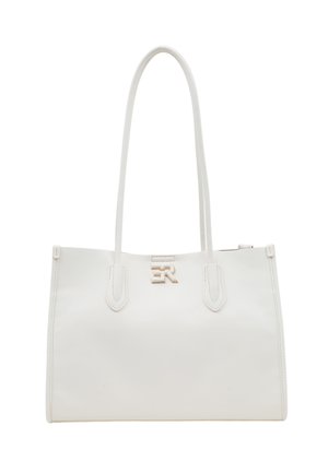 Borsa tote bianca realizzata in pelle liscia. Presenta due manici superiori, un accento del logo dorato e dettagli cuciti. Forma rettangolare, design minimalista.
