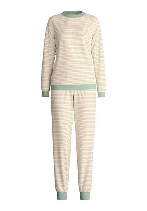 Set di pigiama leggero a righe in crema, verde menta e arancione chiaro. Presenta maniche lunghe, polsini a coste e scollatura rotonda.