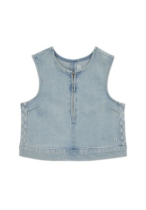 Svetlomodrý denimový krátky tielkový top bez rukávov so zipsom vpredu a jemnými vyšívanými vzormi na bočných švových.