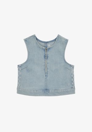 Šviesiai mėlynas džinsinis palaidinukas be rankovių, trumpas, su priekyje esančia užtrauktuku ir subtiliais siuvinėtais raštais šonuose.