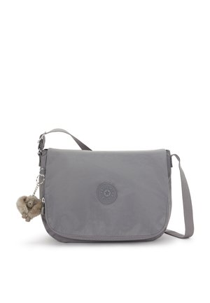 Gray messenger bag with a zip closure, adjustable strap, and textured fabric. Features a round logo patch and a monkey keychain accessory.