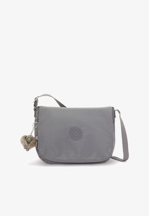 Gray messenger bag with a zip closure, adjustable strap, and textured fabric. Features a round logo patch and a monkey keychain accessory.