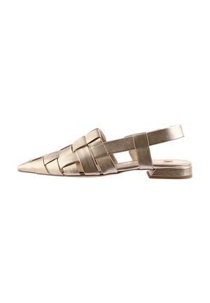 Gold woven slingback shoe with a pointed toe, flat heel, and textured metallic finish. Features multiple crisscross straps for design.