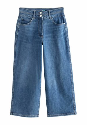 Blaue, weit geschnittene Jeans mit hoher Taille, doppeltem Knopfverschluss, Taschen vorne und hinten sowie Gürtelschlaufen.