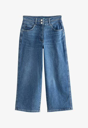Blaue, weit geschnittene Jeans mit hoher Taille, doppeltem Knopfverschluss, Taschen vorne und hinten sowie Gürtelschlaufen.