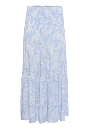 Jupe bleu clair avec une taille smockée, présentant une silhouette fluide et des motifs paisley et floraux blancs. Ourlet à volants en étages.