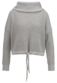 Pull gris en maille à manches longues avec un large col châle et un cordon de serrage à l'ourlet, présenté à plat sur fond blanc.