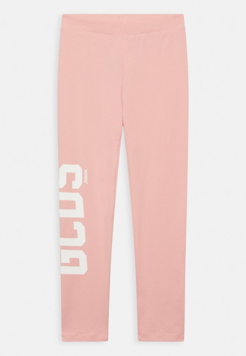 Leggings cor-de-rosa feitos de um tecido macio, apresentando um design gráfico branco na perna esquerda com o número "6093" e o texto "JUNIOR".