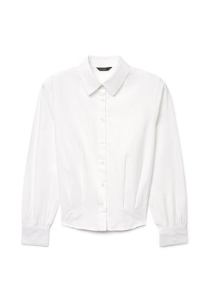 Camicia bianca con bottoni, colletto classico, maniche lunghe e dettagli plissettati sul davanti, realizzata in un tessuto liscio.