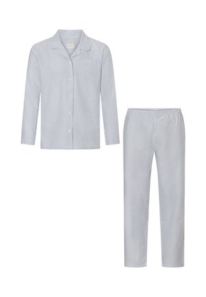 Blue striped cotton pajama set with a long-sleeve button-up top featuring a chest pocket and matching elastic waistband pants.