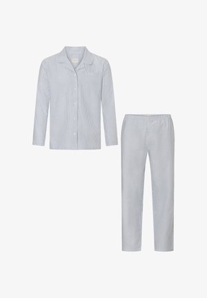 Blau gestreiftes Baumwoll-Pyjama-Set mit einem langärmligen Hemd mit Knöpfen, das eine Brusttasche hat, und passenden Hosen mit elastischem Bund.