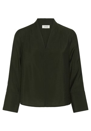Zwarte blouse met lange mouwen, V-hals kraag en brede manchetten, weergegeven op een witte achtergrond.