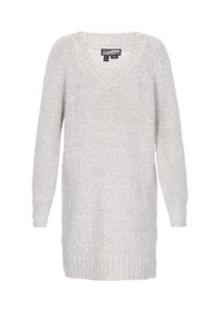 Rochie tricotată gri deschis, cu decolteu în V, guler și manșete ribbate. Are mâneci lungi și o croială lejeră. Textură moale.