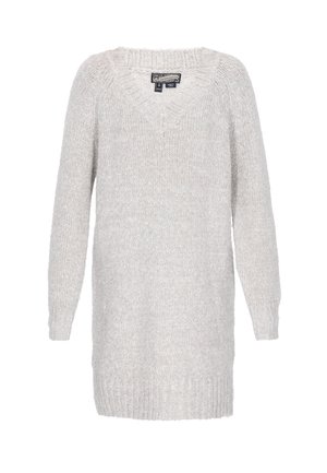 Jasnoszara dzianinowa sukienka swetrowa z dekoltem w serek, prążkowanym kołnierzem i mankietami. Posiada długie rękawy i luźny krój. Mi�ękka faktura.