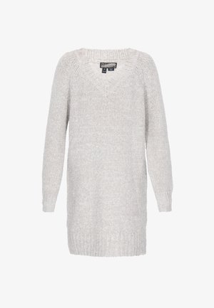 Világosszürke kötött pulóverruha V-nyakkal, bordás nyakkivágással és mandzsettákkal. Hosszú ujjai és laza fazonja van. Puha tapintású.