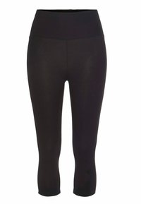 Svarta capri-långa leggings gjorda av stretchy material, med hög midja, slät yta och inga synliga mönster eller detaljer.