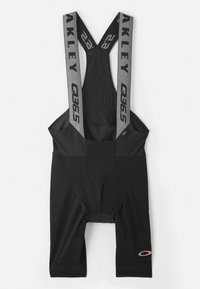 Shorts de ciclism negri cu bretele elastice, prezentând brandingul "AKLEY". Textură netedă cu un loc de șezut căptușit și modele subtile pe picioare.