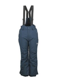 Pantalons de neige isolés bleu marine avec bretelles noires réglables. Comprend des poches zippées et des poignets élastiques au bas pour un ajustement sécurisé.