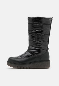 Schwarze kniehohe Stiefel mit glänzendem, gestepptem Synthetik-Obermaterial, runder Logodetail und strukturiertem Gummisohle für guten Halt. Wasserdicht und isoliert.