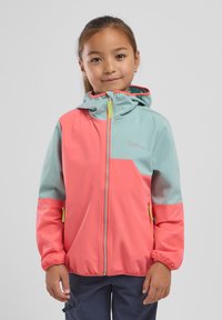 Kinderjacke mit einem Farbsplit-Design in Pink und Hellblau, aus weichem Material, mit einem Reißverschluss vorne und einer Kapuze.