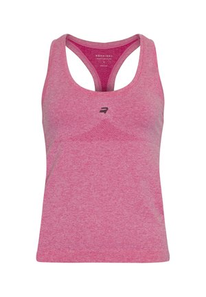 Racerback sports tank top in heathered pink fabric, featuring a subtle textured pattern and a small logo on the front.