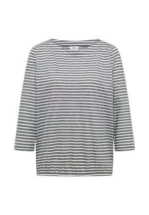 Szara i biała koszulka w poziome paski z długim rękawem i okrągłym dekoltem, wykonana z lekkiego materiału, z metką "Cecil" przy kołnierzu.