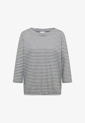 T-shirt à manches longues à rayures horizontales grises et blanches avec un col rond, en tissu léger, étiqueté "Cecil" au niveau du col.