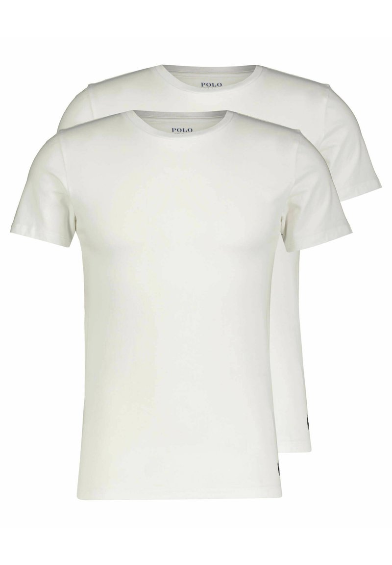 Two white cotton T-shirts with short sleeves and crew necklines. No patterns, featuring a logo at the hem. Soft, smooth texture.