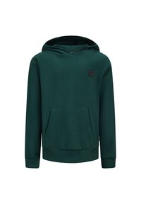 Groene hoodie van zacht materiaal, voorzien van een voorzak, verstelbare capuchon en ribgebreide manchetten en zoom, met een klein logopatch op de borst.