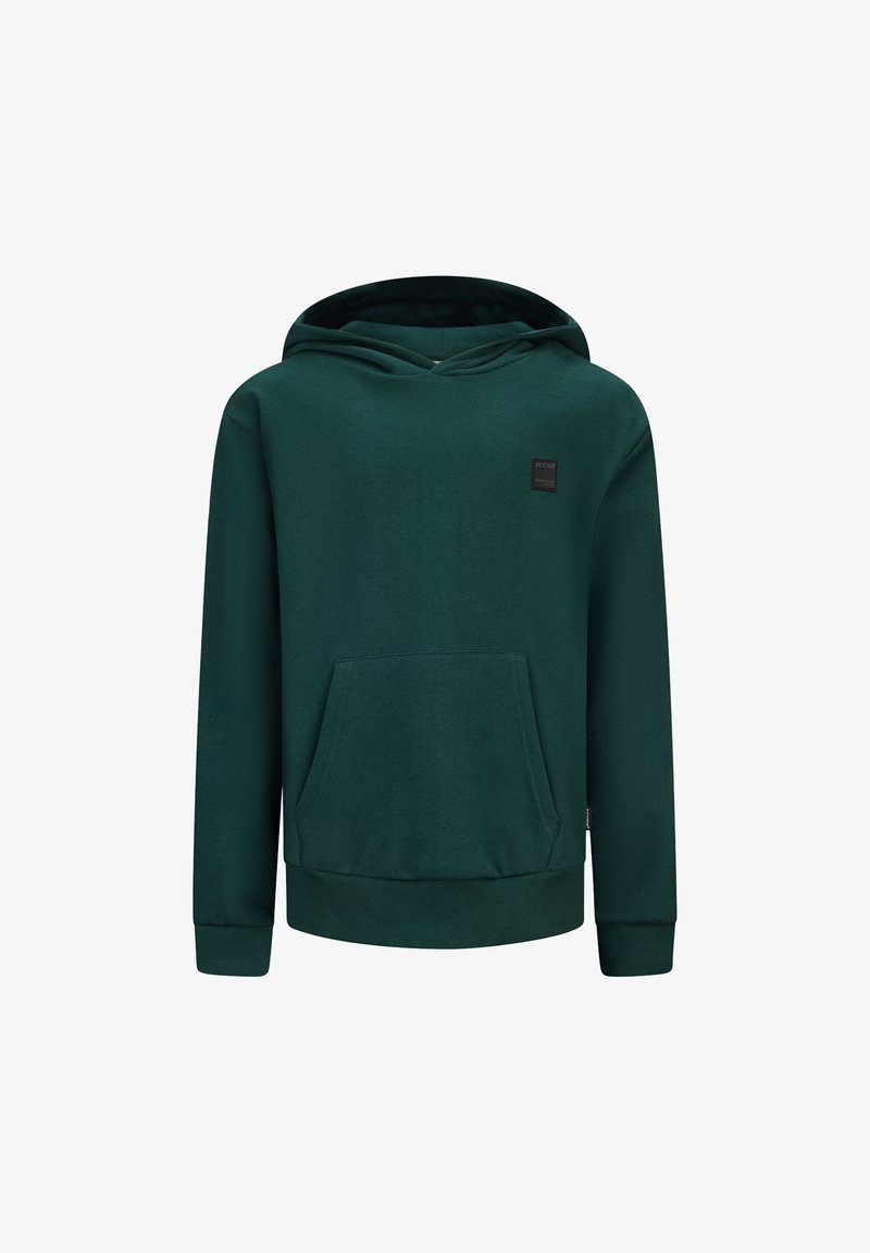 Felpa verde realizzata in tessuto morbido, presenta una tasca frontale, cappuccio regolabile e polsini e orlo a coste, con un piccolo patch logo sul petto.