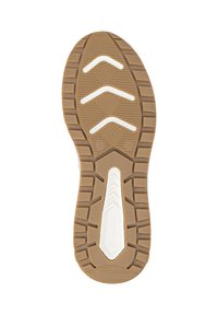 Semelle de chaussure en caoutchouc avec une surface texturée brune, dotée d'un motif en zigzag blanc et d'une section centrale blanche avec un logo.