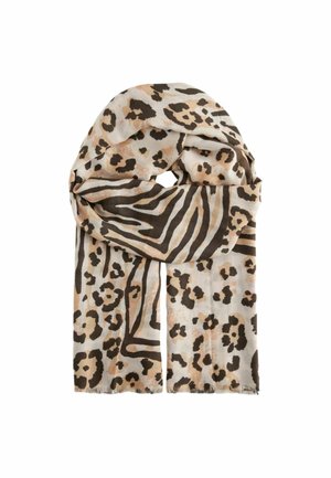 Écharpe beige clair avec motifs léopard et zèbre mélangés en nuances de brun et de fauve, pliée lâchement.